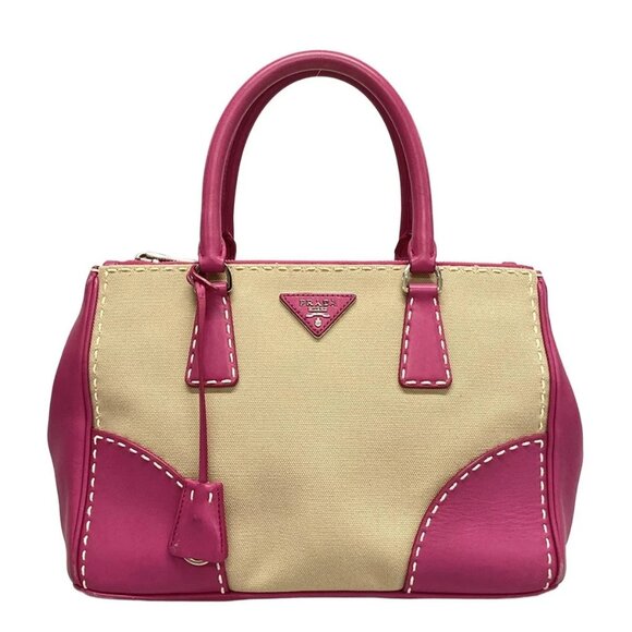 Auth PRADA Canapa City B1801K Beige Pink Leather Canvas Tote Bag - Picture 1 of 16